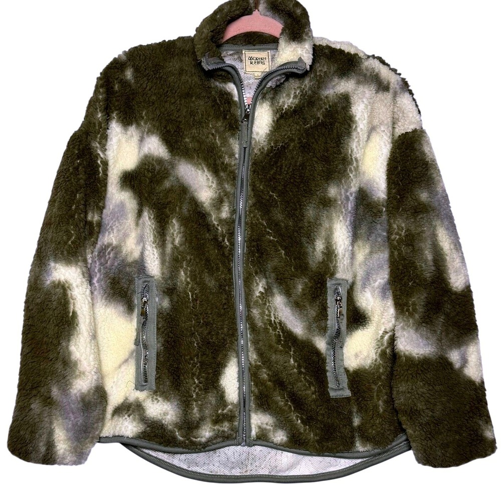 Modish Rebel Tie Dye Sherpa Fleece Jacket Small Sage/Cream/Grey Zip Front Teddy